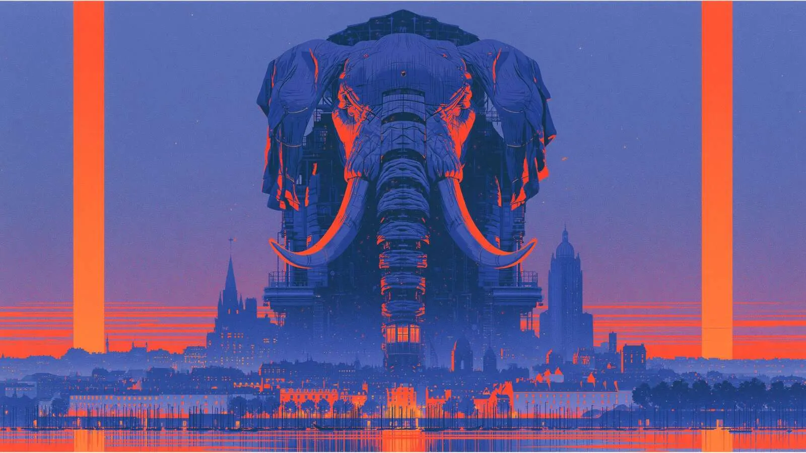 Illustration futuriste d'un immense bâtiment en forme de tête d'éléphant dominant la skyline de Nantes au crépuscule.